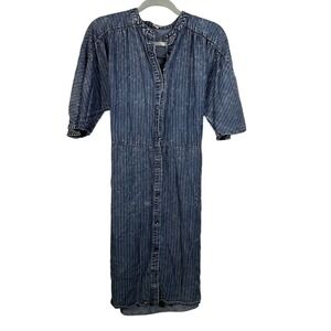 Reba Women’s Denim Mini Dress Size Medium Pin Stripe Chambray Belted Button Tie